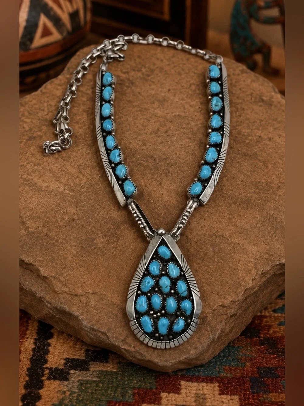 Kenneth Etsitty Navajo Native American Sterling Silver Turquoise Bib Necklace